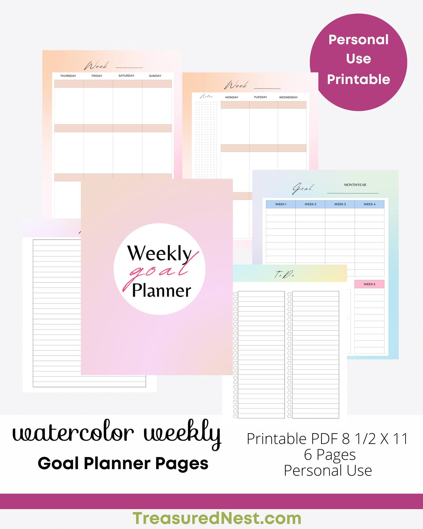 Watercolor Weekly Goal Planner Pages