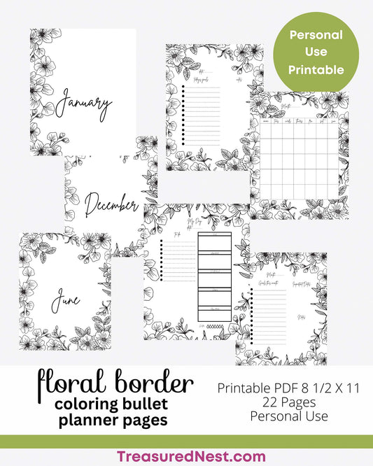 Floral Border Coloring Bullet Planner Pages
